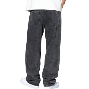 Mens Black Wide Leg Denim <b>Jeans</b> Mid <b>Elastic</b> <b>Waist</b> Loose Fit Breathable Front Logo Casual Washed Full Length Pants - Product Image 2
