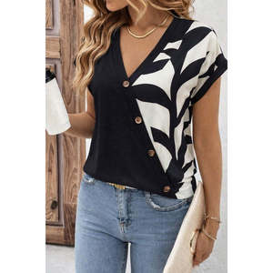Blusa de viscosa de manga corta con cuello en V y botones frontales para mujer con detalle de estampado de leopardo, 37591 - Blanco - Product Image 3