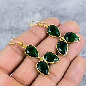 925ลูกแพร์พลอยสามเม็ดชุบทองสเตอร์ลิงต่างหูห้อยทำด้วยมือสำหรับผู้หญิงของขวัญสำหรับเธอ - Product Image 1