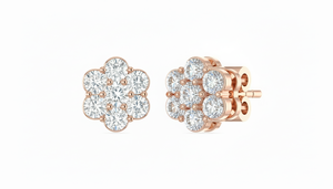 Boucles d'oreilles clous pour femmes en or 14 carats et 14 diamants naturels, taille ronde brillante, motif fleur |   Plaqué or 1,50 carat - Product Image 3