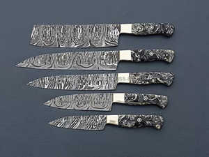 Lot de 5 couteaux de cuisine professionnels très vendus Couteau de chef en acier damas avec manche en bois Ensemble d'accessoires OEM et logo personnalisé - Product Image 3