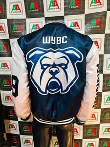 Veste universitaire en laine à la mode pour hommes, brodée de logo personnalisé OEM, haut noir jais brillant avec col montant - Product Image 6