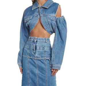 Brand New Custom Made Autumn Winter Gradient Denim Jacket <b>Women</b> American Washed Distressed Plain <b>Short</b> Lapel Denim Jacket - Product Image 2