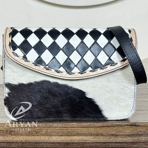 Premium Quality 2025 Tooled Cowhide Leather Crossbody & Shoulder Handbag for Women Black & White Checkered Design Handbag Purse - Product Image 1