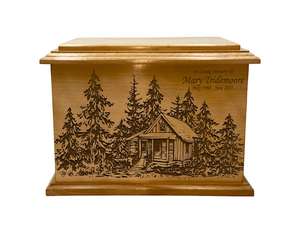 Cabina en el bosque Urna de cremación Tamaño adulto Cabina de madera y bosque Urna funeraria Amantes de la naturaleza con grabado - Product Image 4
