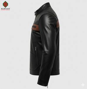 Men's Black PU Leather Casual Winter Biker <b>Jacket</b> Slim Fit Zipper Closure <b>Mandarin</b> Solid Brown Accent Panel OEM Service - Product Image 4