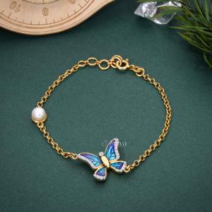 Pulsera de oro amarillo de 14 quilates para mujer, joyería fina elegante con diamantes naturales, esmalte azul, alas de mariposa, acento de perla para regalo - Product Image 1