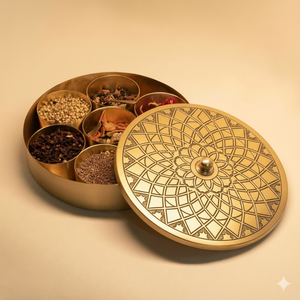 Ethnic Indian Brass Masala Dabba <b>with</b> Floral Engraved <b>Lid</b> and Spoon | Round Multi Bowl Spice <b>Storage</b> <b>Box</b> for Home Kitchen - Product Image 1
