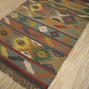 Wool & Jute Hand Block printed Shuttle Floor Kilim Handmade Indian Dhurrie Cotton Rug