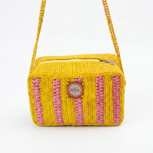 กระเป๋าถักโครเชต์ Anà raffia ลายทางสีเหลืองชมพู ปิดด้วยซิป สไตล์โบฮีเมียนสำหรับฤดูร้อน - Product Image 2