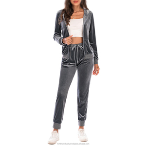 Conjunto de ropa deportiva Vintage de Color sólido para mujer, conjunto de pantalones y Sudadera con capucha informal con decoración de encaje, conjuntos de terciopelo para correr con cremallera - Product Image 4