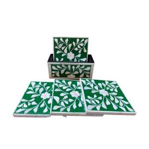 Ensemble de sous-verres décoratifs en noyer incrusté d'os Motif élégant vert et blanc avec support pour la maison et le bureau au meilleur prix - Product Image 2