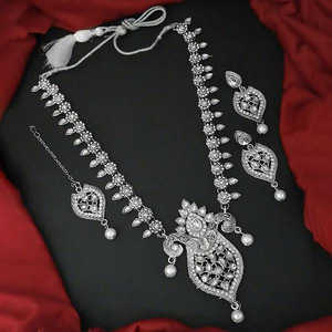 Kriaa Fine Jewelry Set <b>Silver</b> <b>Plated</b> White Stone and Kundan Necklace with Maang Tikka 1109876 Model - Product Image 1