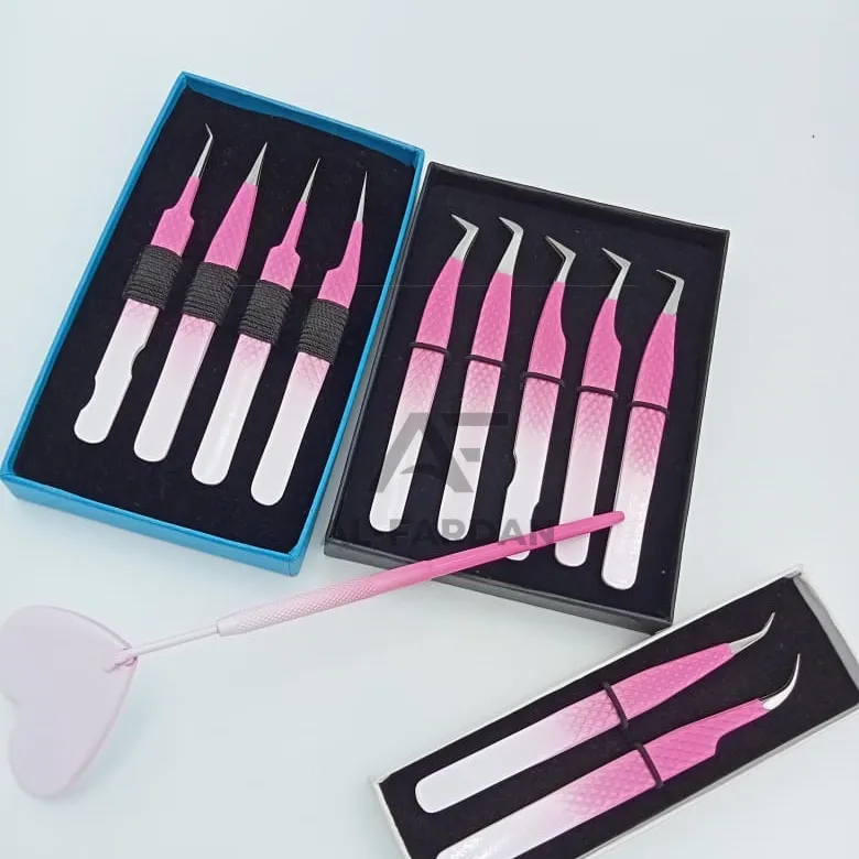 Two Tone Color Eyelash Tweezers Full Set Solid Stainless Steel Customized Logo And Card Boxes Pink White Ombre Lash Tweezer