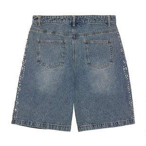 Short décontracté de haute qualité Short en denim brut lavé en détresse Vintage broderie strass Double taille Jean Shorts pour hommes - Product Image 6