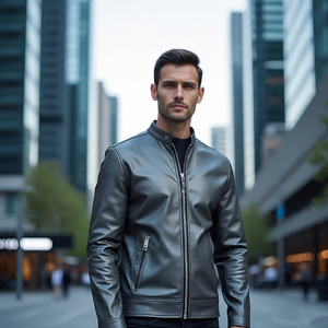 Chaquetas de cuero con cremallera de piel de oveja PU | Chaquetas de cuero genuino para motocicleta con cremallera frontal para hombre - Product Image 4