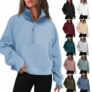 2024 pakaian musim gugur pakaian lubang jempol crop setengah ritsleting Pullover bulu Quarter wanita Sweatshirt hoodie ritsleting