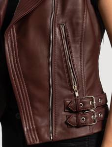 <b>Women's</b> Hazelnut <b>Brown</b> Genuine Leather <b>Vest</b> Biker Asymmetrical Zip Moto Sleeveless Jacket Casual Eco-Friendly Cotton USA - Product Image 5