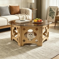 Table basse ronde en verre trempé de 31,1 pouces avec niche pour chat pour salon ou bureau
