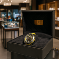 Montre unisexe automatique mécanique BX3613 avec boîtier en acier inoxydable, bracelet FKM, cadran analogique jaune, style business de luxe, cristal
