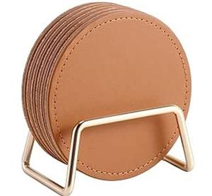 Juego de posavasos redondos de cuero PU de fábrica con soporte de Metal dorado Decoración de mesa para el hogar posavasos de seis tazas con soporte - Product Image 1