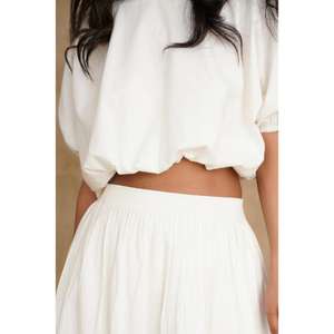 Women's White Two-Piece <b>Skirt</b> Set Puff Sleeve Crop Top Flared Floor-Length <b>Skirt</b> Natural Waist Solid Color Summer Co-Ord Outfit - Product Image 3