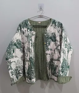 Women's Reversible Cotton Quilted Jacket Hand Block Print Indigo Coat with Short Style Women's Coat - Product Image 6