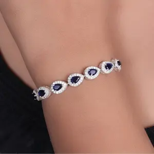 Bracelet à breloque en forme de larme en saphir bleu argenté, cadeau tendance pour femmes - Product Image 3