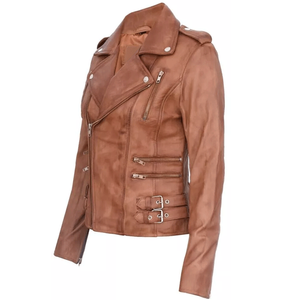 Señoras 100% Nappa Real Leather Biker Jacket Tan Soft Multi Zip Short Coat Chaqueta para mujer - Product Image 3