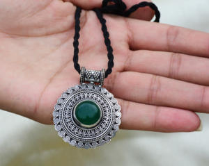 Best selling Green Onyx Pendant Tribal Brass <b>Necklace</b> For Women Oxidized Silver Finish Boho Mandala Pendant Wholesale/OEM/ODM - Product Image 5
