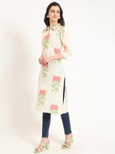 Ivory <b>Pink</b> Women's Floral Printed Cotton Kurti Full Sleeves Ethnic Office Wear Casual Salwar Kameez Wholesale From India - Product Image 2