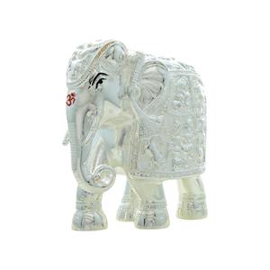 Figurine d'éléphant en métal argenté de style antique gracieux, polie, avec un long trompe surélevé, design compatible avec le Vastu - Product Image 3