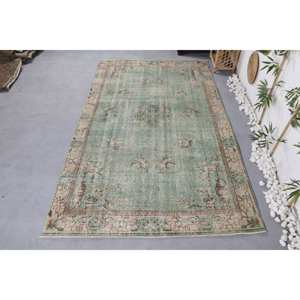 Alfombra turca vintage de 5,4x9,3 pies, tejido plano de lana, respaldo de látex, patrón de retazos verde Beige para decoraciones de pasillo de sala de estar - Product Image 1