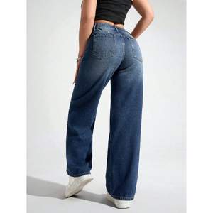 Jeans de Mujer Tallas Grandes Azul Oscuro de Pierna Recta, Ajuste Regular, Elásticos, de Mezclilla, Pantalones de Pierna Ancha Media, OEM, Verano, Lavados, Casuales - Product Image 2