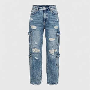 Jeans en denim déchirés décontractés pour femmes en gros, coupe ajustée, taille plus, poches, taille haute, trous, nœud, pantalon de streetwear haut de gamme - Product Image 1