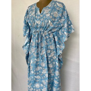 <b>Summer</b> <b>Kaftan</b> Pure Cotton Indian Block Print Floral Beach Cover XL Size Comfortable Maternity Dress for Leisure - Product Image 3