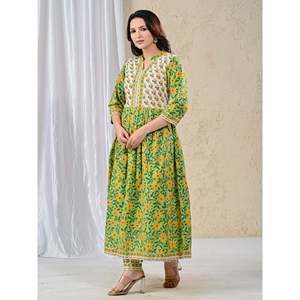 Ensemble Kurta et pantalon en coton imprimé vert Jaal, style de vêtements américain - Product Image 6