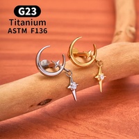 Pendiente de Titanio ASTM F136 con Diseño de Luna y Estrella, Zirconia, Rosca Interna, Parte Trasera Plana, Unisex, para Perforación de Cartílago 16G