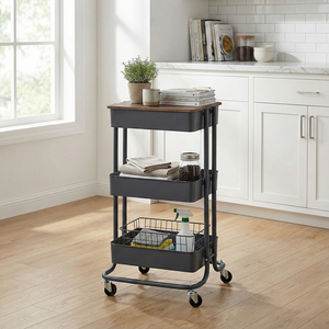 Three-Layer Metal Rolling Storage Cart With Wooden Top Minimalist Design For Home Office Organization - Product Image 4