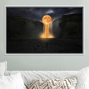 Moonlit Waterfall <b>Canvas</b> Print: Fantasy Landscape Wall Art,WHITE <b>FRAMED</b> <b>CANVAS</b> - Product Image 1
