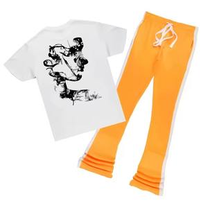 Camiseta deportiva para trotar con cuello redondo y pantalón acampanado apilado Conjunto de chándal unisex con logotipo personalizado de hip hop callejero - Product Image 4