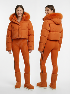 Customized Material <b>Velvet</b> Puffer Jacket Fur Hood Winter Cropped Coat Warm <b>Quilted</b> Outerwear Fashion Cold Weather Wear Snowsuits - Product Image 3