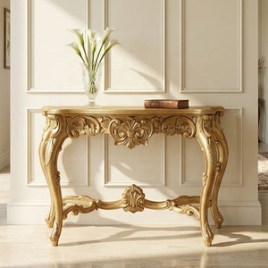 Table de couloir peinte or et argent, table console en bois sculptée à la main, table d'entrée classique pour salon, villa et hôtel - Product Image 1
