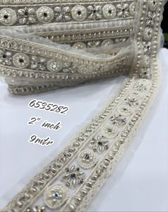 Cordones bordados hechos a medida con flores de colores vestido de zari dorado uso borde los dorados son cordones de borde Zari con Secuencia - Product Image 4