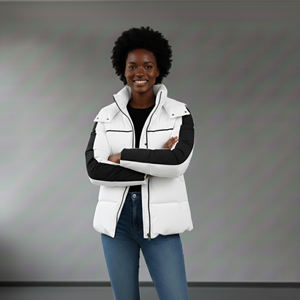 Custom Logo Winter Casual Women's Puffer Jacket Pearls Rivet Waterproof Eco-Friendly Hooded Coat <b>Zipper</b> Closure 2 Tone Design - Product Image 2