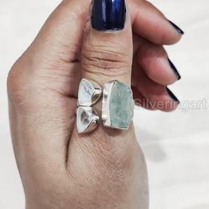 Exportación de joyería de piedra áspera anillo de mujer aguamarina Natural piedra preciosa cruda marzo piedra natal Triple piedra 925 anillo de plata esterlina - Product Image 2