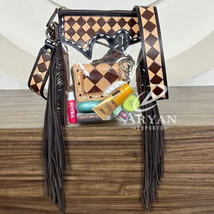 Bolso bandolera con flecos de cuero transparente a mano de vaquera occidental con diseño a cuadros, bolso bandolera de hombro Vintage para mujer - Product Image 1