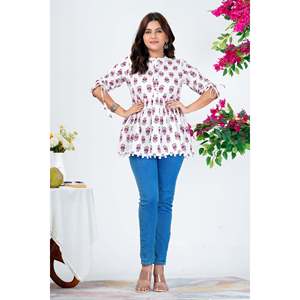 Blusa Peplum de Algodón Estampada para Mujer, Mangas 3/4, Estilo Casual Étnico, Talla XL, Tejido Popelina Transpirable, Patrón Floral Bordado - Product Image 3