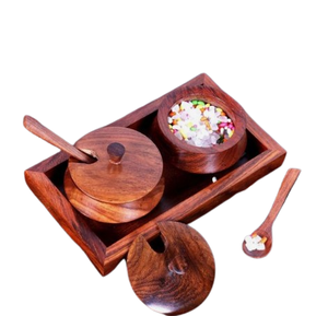 Ensemble de sucriers en bois de chêne rond fait main triangulaire - Product Image 5