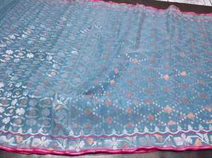 Exclusif Deshi Dhakai Jamdani Sharee Qualité d'exportation pour les femmes JAMDANI FABRIC Bleu ROUGE VERT Doré Bleu Ciel du Bangladesh - Product Image 2